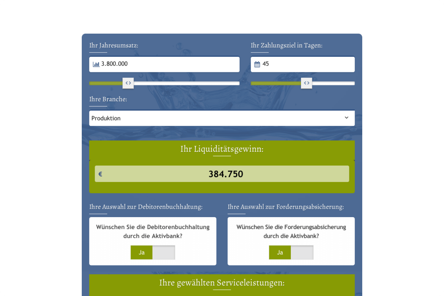 Screenshot vom Factoring Rechner