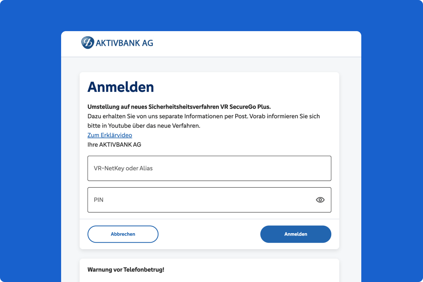 Screenshot vom Online Banking Portal der AKTIVBANK